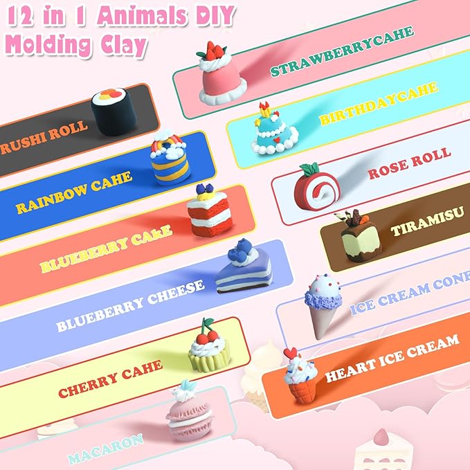 Air Dry Clay Kit, Modeling Magic Clay for Kids,12 Desserts DIY Sculpting Set, Ultra Light & Soft, Safe Art Crafts Set for School Projects, Home Crafts,Party Activities, Gifts for Boys & Girls