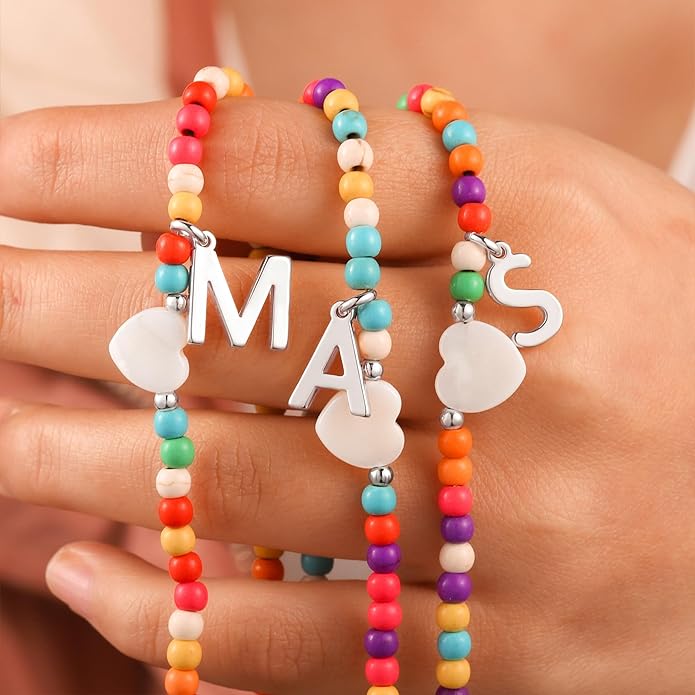 Ursteel Colorful Initial Cute Necklaces for Girls - Trendy Beaded Choker Necklace for Women Teen Girl, Handmade Letter Necklace Valentines Galentine Gifts for Women Girls Jewelry