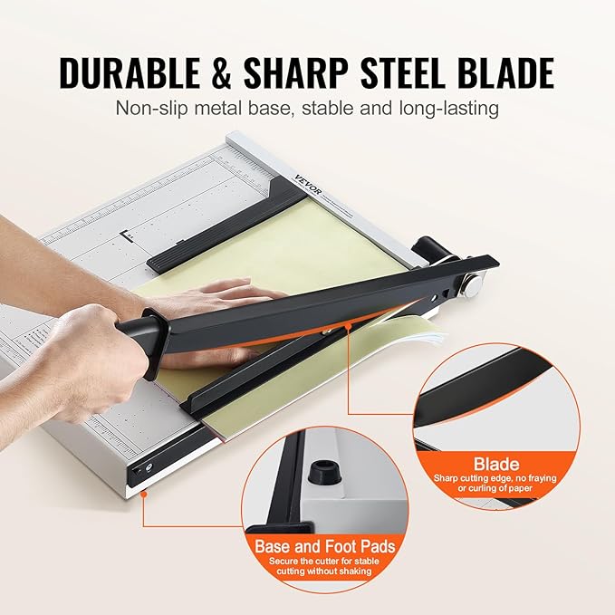 VEVOR Paper Cutter, Guillotine Trimmer, 15" Cut Length, 16 Sheets Capacity, Heavy Duty Guillotine Paper Cutter with Guard Rail/Blade Lock for Cardstock/Cardboard, Paper Trimmer for Home Office School