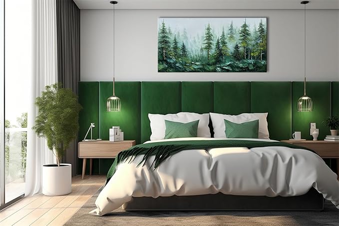 Alenoss Hand Painted Modern 3D Abstract Oil Painting 24x48 Inches Large Forest Landscape Textured Canvas Wall Art Green Artwork for Wall Decoration