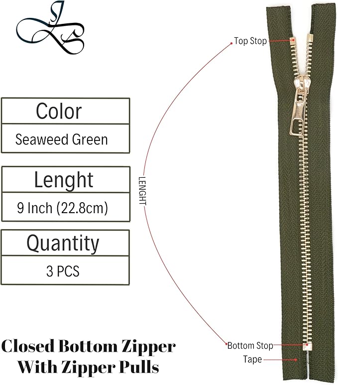 #5 Gold Metal Zipper - 50+ Colors - 3 PCS - (4-14 inches) Sizes - Luxury Lightweight Handcraft Metal Zippers with pulls for Purses Bags Pockets Shoes Sewing & Crafts DIY ZP02359