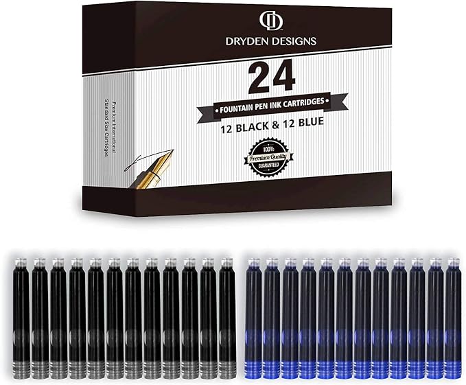 Dryden Designs Fountain Pen Medium Nib Gift Pouch - with 24 Ink Cartridges - MCM (Intense Black)