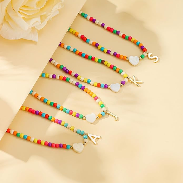 Ursteel Colorful Initial Cute Necklaces for Girls - Trendy Beaded Choker Necklace for Women Teen Girl, Handmade Letter Necklace Valentines Galentine Gifts for Women Girls Jewelry