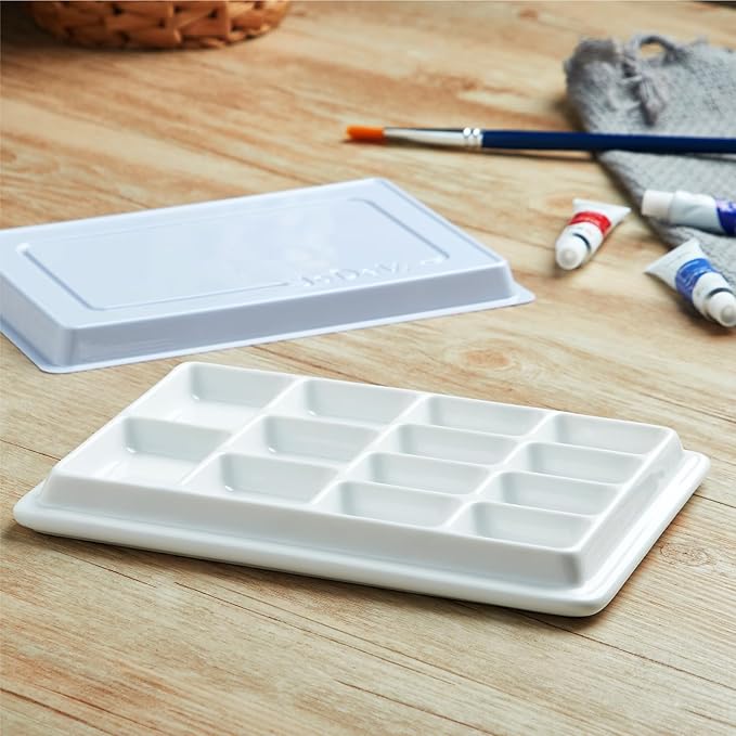 Ceramic Paint Palette with Lid,13-Well Porcelain Watercolor Mixing Tray for Acrylic, Oil, Gouache & Watercolor Paints, White Porcelain Palette with Plastic Cover