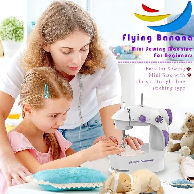 Flying Banana Portable Dual Speed Electric Sewing Kit for Beginners with Extension Table, Mini Sewing Machine with Light, Foot Pedal & Accessories for Household Travel DIY Crafts Repair, White