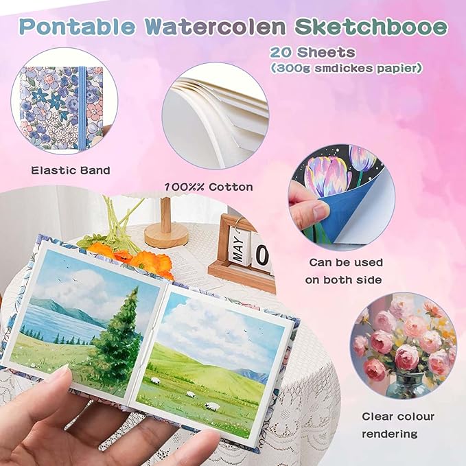 Mini Paint Palette Travel Kit - Mini Travel Watercolor Palette Set, Pocket Artist Water Color Travel Set with Colours, Watercolor Book, Clips, Pens,Wooden Paint Box for Painters Artists Student