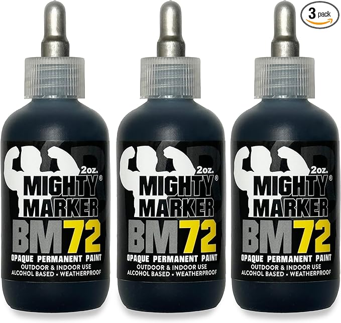 BM-72 Bottle Marker, 2oz (60ml) Alcohol-Based Paint, 1.2mm Steel Ball Tip, Valve Action, Waterproof & Weatherproof, Writes on Rough & Oily Surfaces, Made in USA - 3 Pack