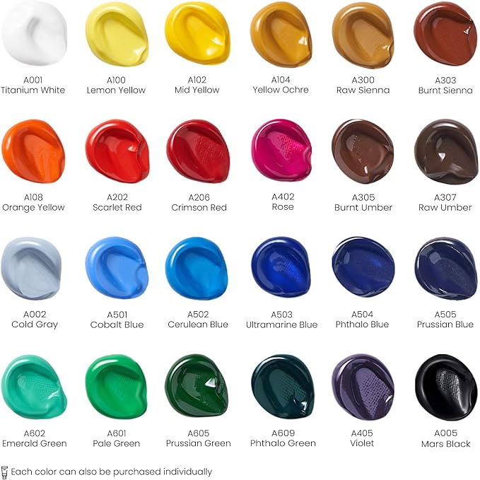 ARTEZA Acrylic Paint Set 24 Colors (0.74 oz Tubes). High-Viscosity, Richly Pigmented Paints for Canvas, Wood & Crafts. Non-Toxic Water-Based Formula. Holiday Gift for Artists & Painters