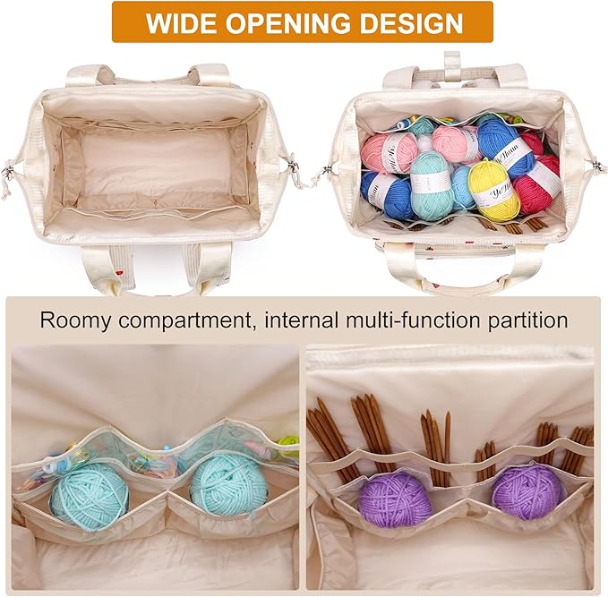 Crochet Bag Backpack, Yarn Storage, Large Crochet Storage Organizer for Knitting & Crochet Accessories, Kawaii Corduroy Crochet Supplies, Christmas Gifts for Women, Beige Strawberries