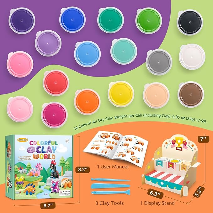 Air Dry Clay Kit for Kids - 18 Cans of Modeling Clay, 46-Page Guidebook with 26 Character Tutorials, Great Gift for Boys & Girls
