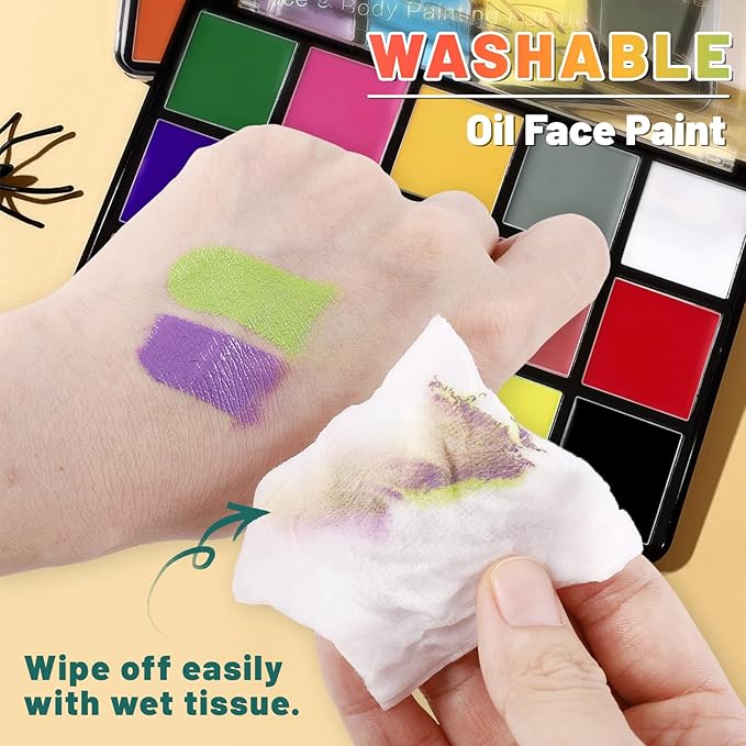 BOBISUKA Face Body Paint Palette + 10PCS Brushes Set, 15 Color Professional Face Painting Pallet Kit for Art Theater Halloween Party Cosplay Clown Sfx Makeup for Women Adults, Non-Toxic Washable