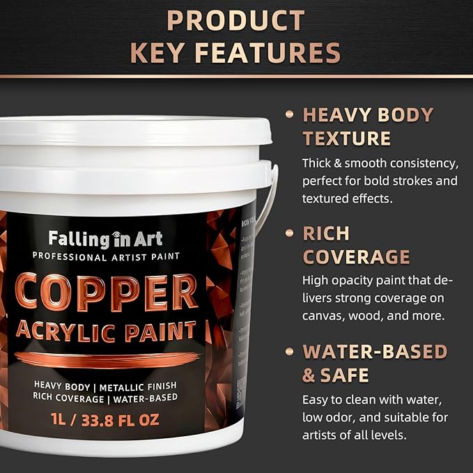 Falling in Art Copper Metallic Acrylic Paint, 33.8 Oz Heavy Body Copper Leaf Paint, Non-Toxic Art Paints for Metal, Furniture, Canvas, and DIY Crafts