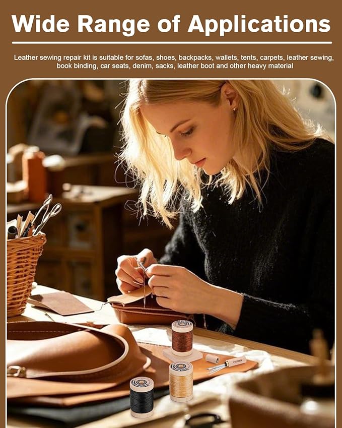 FOUSNOW Leather Sewing Kit, Leather Needles for Hand Stitching, Stitching Kit with Waxed Thread Upholstery Needle Binder Clips Heavy Duty Sewing Kit for Shoes Bags Canvas