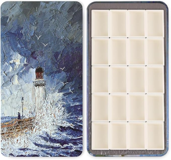 Portable Watercolor Paint Palette with Tins, Lightweight Empty Full Pans with Magnetic Squares, Metal Paint Tray Palettes for Travel, Acrylics Painting and Art, 20Full Pans,Lighthouse