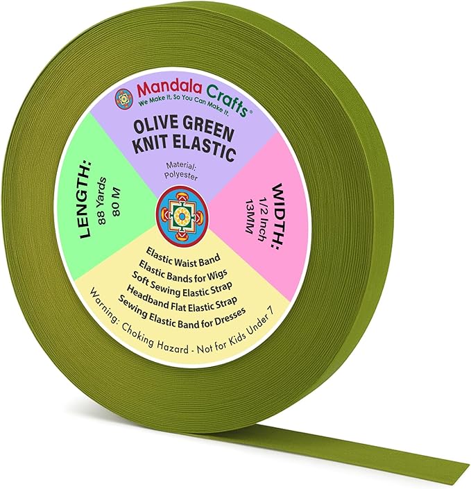Mandala Crafts Wide 1/2 Inch Olive Elastic Bands Spool for Pants Waistbands Sewing and DIY Crafts, 88 YD Stretchy Flat Fabric Strap Knit Elastic Band for Wig