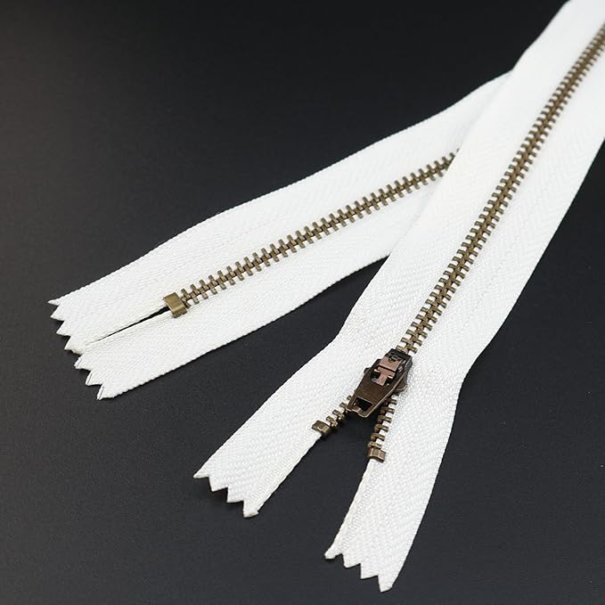 Leekayer 3# Jeans Zipper 10 Inch Antique Brass Metal Zipper 25.4cm Close End Zippers 6pcs,(White-Brass)