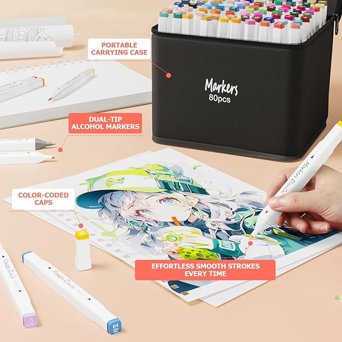 RUN HELIX Alcohol Markers, 120 Colors Dual Tip Markers Broad Brush Tip and Fine Tip, Marker for Coloring Drawing Painting Art, Alcohol Marker Set with Case for Adults (White Barrel)