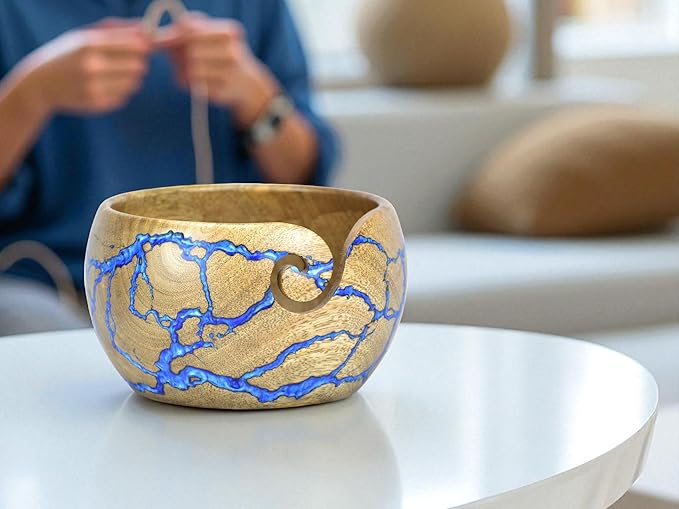 Large Yarn Bowl for Crocheting, Indian Rosewood Knitting Wooden Large Yarn Bowl Holder, Handmade Crocheting String Storage Holder, Knitting Crochet Accessories. (Lite Yellow + Blue Resin)