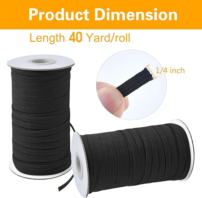 Coopay 80 Yards Length 1/4" Width Elastic Bands Flat Elastic Cord Rope Heavy Stretch Spool Knit for Sewing DIY Projects, Arts & Crafts, 2 Rolls, 40 Yards/Roll (Black, 1/4 Inch)