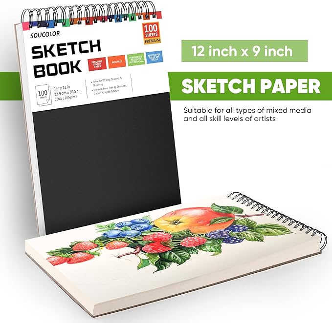 Soucolor 9" x 12" Sketch Book, 100 Sheets Top Spiral Bound Sketchbook with Acid-Free 68lb/100gsm Drawing Paper, Artist Sketch Pad for Kids, Adults & Teens Painting, Drawing, 1 Pack