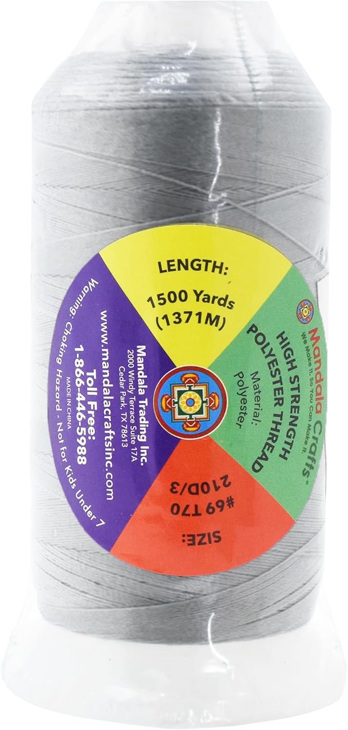 Mandala Crafts Silver Heavy Duty Thread - 1500 Yds Tex 70 Bonded Polyester Threads for Sewing Drapery, Jeans, Leather, Hair, Outdoor Marine Upholstery
