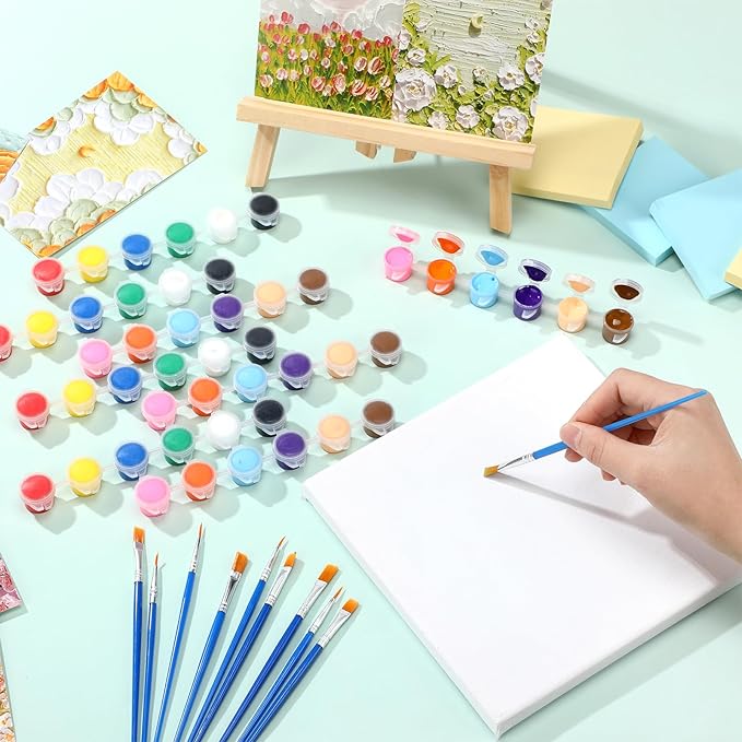 Qilery 100 Sets Mini Acrylic Paint Set 1400 Pcs 12 Colors Acrylic Painting Strips 100 Flat Brushes 100 Pointed Brushes for Adults Home Birthday Art Craft Party Favors (3ml)