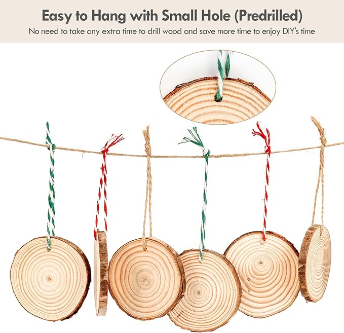 54Pcs Wood Slices, LOOFORE 2.4"-2.8" Unfinished Natural Wood Rounds with Pre-drilled Hole, for Burning Painting DIY Crafts Christmas Ornaments Party Wedding Decor