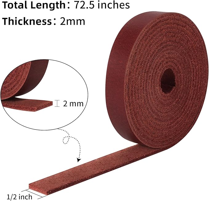 Ringsun 1/2 Inch Wide Flat Leather Straps for Crafts, Full Grain Leather Strips Cord String for Crafts, Tooling (2mm Thick 72.5 Inches Long Red)