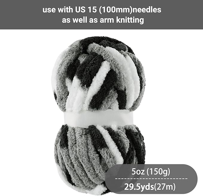 HOMBYS Grey Multi Chunky Chenille Yarn for Hand Knitting,Fluffy Soft Jumbo Yarn Crocheting,Super Bulky Big Yarn for Chunky Blanket,Large Thick Arm Knitting Yarn,8 Pack Plush Yarn