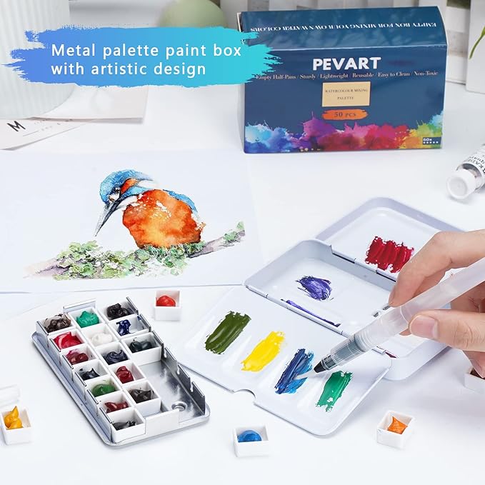 PEVART Empty Watercolor Paint Palette,Metal Box Mixing Palette Case with 50 Water Color Half Pans and Fold-Out Palette Tin Paint Tray Travel Watercolor Set,Acrylic,Gouache, Oil Painting