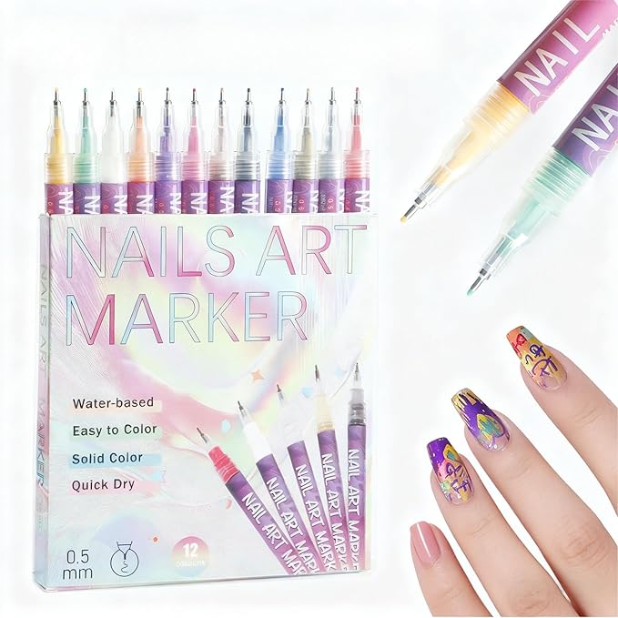 Nail Art 12-Color Marker Set, Fine-Tip Precision Pens for Manicure Design，3D Nail Art, Drawing Painting Liner Brush for Beauty Adorn Manicure Tools