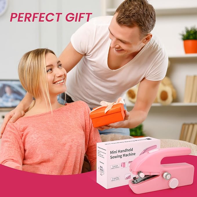 Handheld Sewing Machine for Beginners, Portable Mini Sewing Machine with Two Speed Modes, Easy to Operate and Fast Stitch Suitable for Clothes, Fabrics and Quick Home Repairs (Pink)