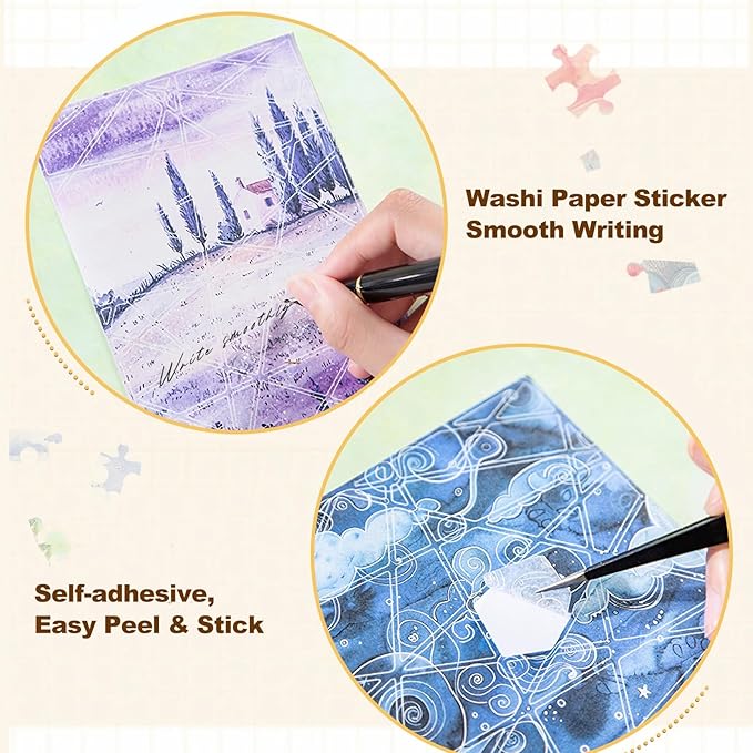 30 Sheets Pre-Cut Puzzle Washi Stickers, Seasonal Landscape Designs, Writable with Adhesive Backing for Scrapbooking, Bullet Journal, DIY Collage