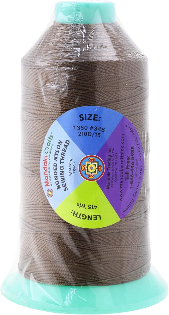 Mandala Crafts Size 346 210D T350 Bonded Nylon Thread - Coyote Brown 415 YDs Tex 350 Heavy Duty Sewing Threads for Leather, Jeans, Weaving, Outdoor Marine Upholstery