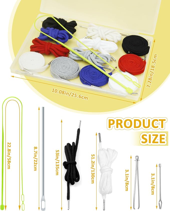 FIVEIZERO 16pcs Drawstring Cord Kit-12pcs Hoodie Strings (Flat & Round,6 Basic Universal Colors) with Drawstring Threader Tools,Bodkin,Rope Threader–Draw String Replacement for Pants,Shorts,Shoes
