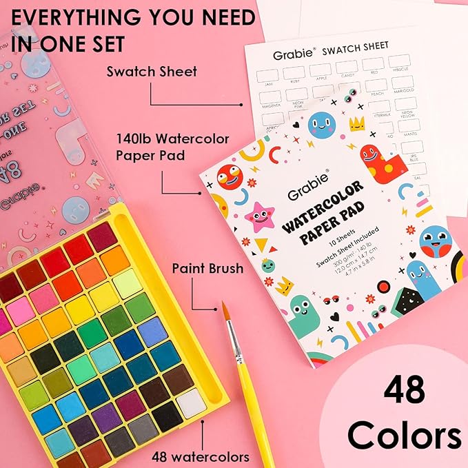 Grabie Mini Watercolor Set, 48 Colors with Brush, Paper Pad and Swatch Sheet, Travel Watercolors Painting Kit for Beginners