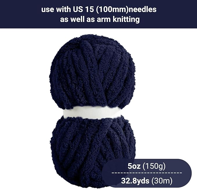 HOMBYS Navy Blue Chunky Chenille Yarn for Hand Knitting,Fluffy Soft Jumbo Yarn Crocheting,Super Bulky Big Yarn for Chunky Blanket,Large Thick Arm Knitting Yarn,8 Pack Plush Yarn