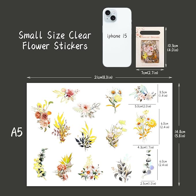 Dizdkizd Holographic Flower and Leaf Sticker Set, 240 Foil Gold Botanical Scrapbook Sticker Small Transparent Floral Decals for Journal, Planner, Photo Album, Card