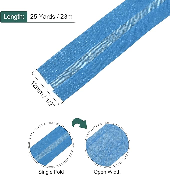 MECCANIXITY 1/2 Inch Single Fold Bias Tape Polyester Continuous Bulk Bias Tape for Sewing, Seaming Quilting Hemming Binding Crafts (Blue 25 Yards)