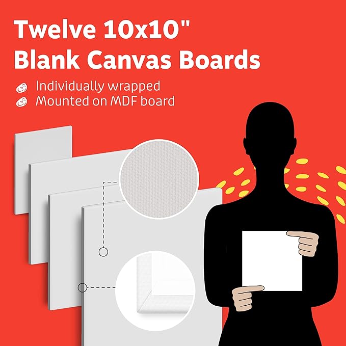 Artlicious Canvases for Painting - Pack of 12, 10 x 10 Inch Blank White Canvas Boards - 100% Cotton Art Panels for Oil, Acrylic & Watercolor Paint