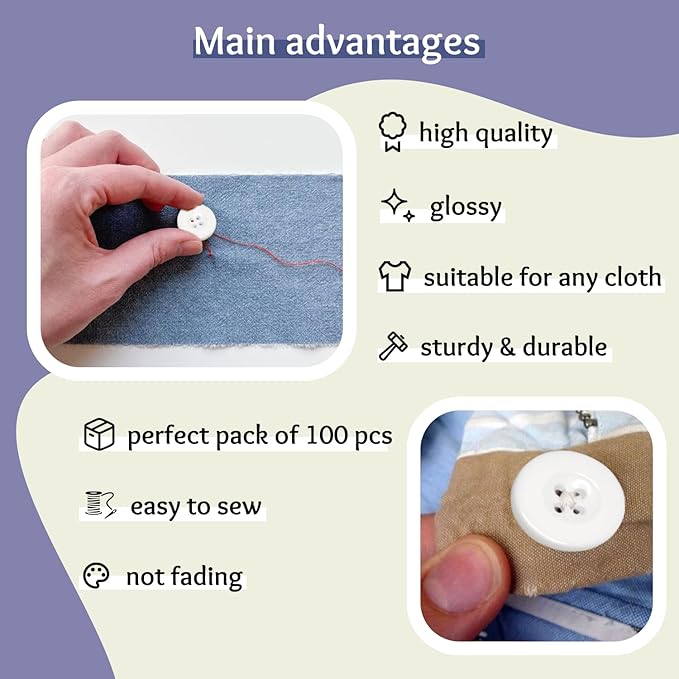 100 Pack 3/4" White Sewing Buttons 0.75 inch 30L Round Polished 4 Hole Buttons Glossy Plastic Uniform Button for Sewing Work Uniforms School Outfits Aprons Pants Jackets Accessories Bags DIY Crafts