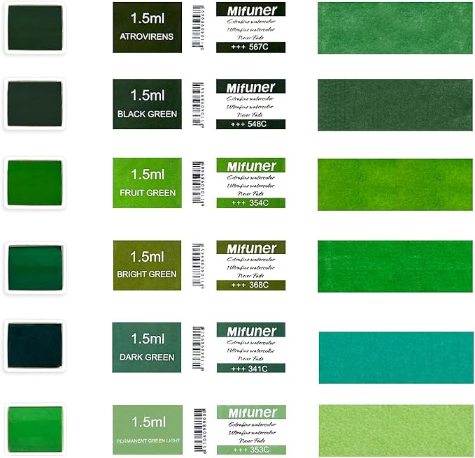 Mini Portable Handmade Artist Watercolor Paint Travel Metallic Box Set with 6 Green Solid Watercolor Half Pans (Each Capacity Approx 1.5ml) Pearlescent.Green