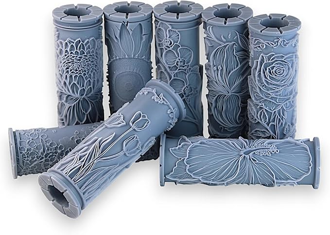 Ultimate Flower Clay Texture Rollers 8-Set (4") - Flower Set #01 - Embossing Pattern Rollers for Polymer & Ceramic Clay, Pottery & Crafts