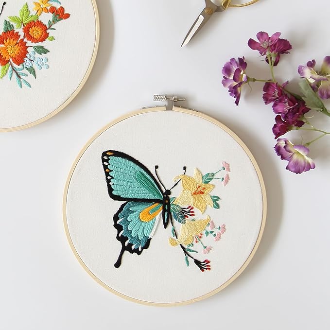Bonroy 4 Sets Embroidery Set for Beginners, Art Craft, Easy Sewing, Includes Embroidery Clothing, Pattern, Embroidery Hoop, Instruction Manual, Colorful Thread Needles Set (Butterfly)