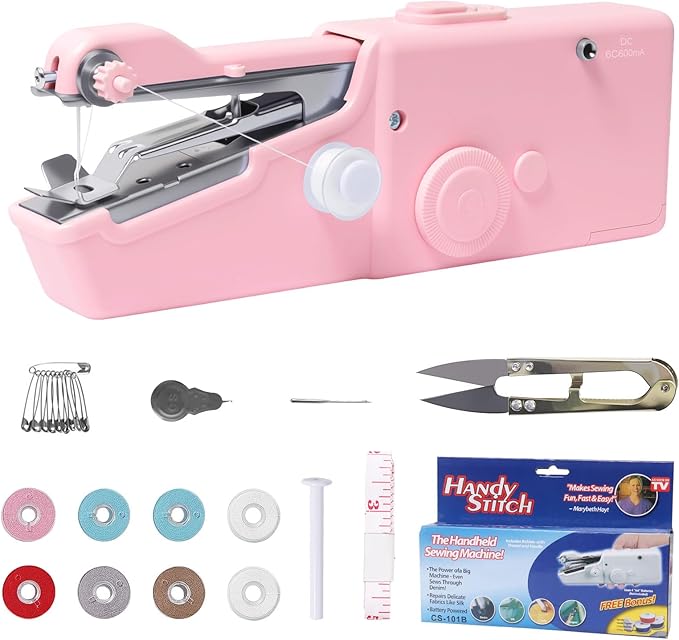 ALIBBON Handheld Sewing Machine for Beginners Portable Electric Mini Sewing Machine with Accessory Kit Small Hand Stitching Machine for DIY Clothes Home Travel Sewing Kit for Adults (Pink)