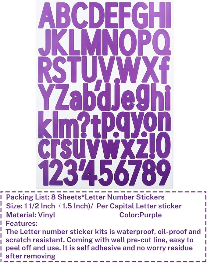 1 1/2 Inch Letter Stickers, 544 Pieces Alphabet Number Symbol Stickers for Scrapbooking, Sign, Water Bottle, Self-Adhesive Vinyl Letter Sticker Decals for Arts&Crafts - 8 Sheets Purple