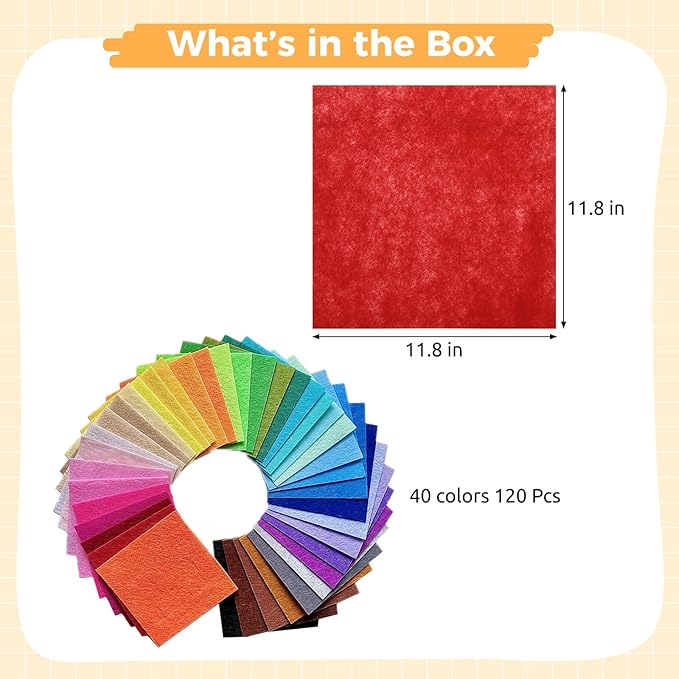 120 Pcs Felt Sheets for Crafts 11.8x11.8 in - 40 Colors Craft Felt Squares, Soft & Long-Lasting, Easy to Cut, Fabric Felt for DIY Crafts, Sewing, Young Artist's Art Projects, Decorations