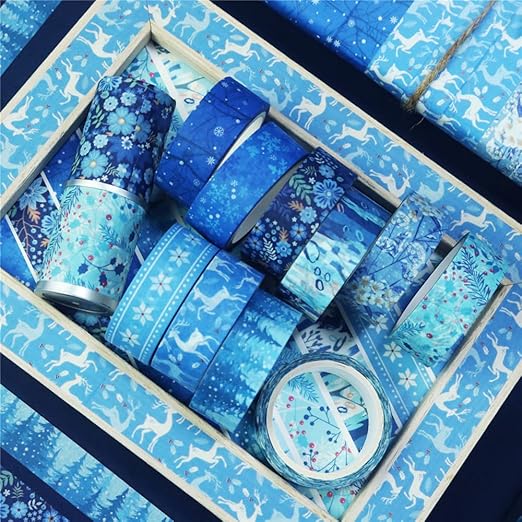 Winter Washi Tape Set 10 Rolls - Blue White Snowflake Flower Tree Decorative Tape for Bullet Journal, Planner, DIY Arts Crafts, Scrapbooking