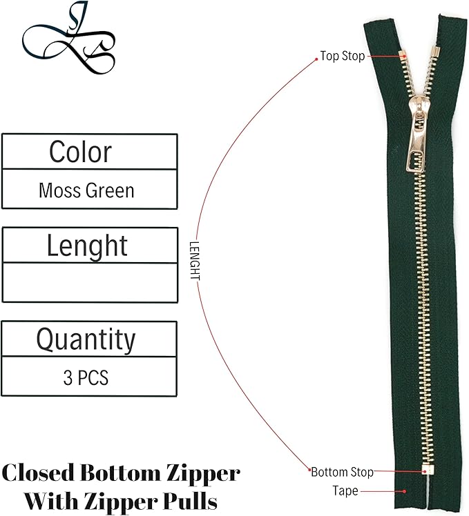 #5 Gold Metal Zipper - 50+ Colors - 3 PCS - (4-14 inches) Sizes - Luxury Lightweight Handcraft Metal Zippers with pulls for Purses Bags Pockets Shoes Sewing & Crafts DIY ZP02327