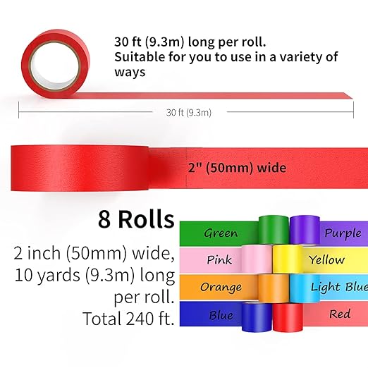 Colored Masking Tape Thick, Color Painters Tape for Kids, 8 Rolls 2 inch Wide x 10 Yards Each, Colorful Paper Tapes Rainbow Colors for Labeling Packing, Painter Tape Variety Pack, Craft Tape
